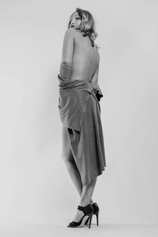 a black and white photo of a woman in a dress, by Clifford Ross, tumblr, figurative art, wearing a towel, rick owens, clay model, full body cgsociety