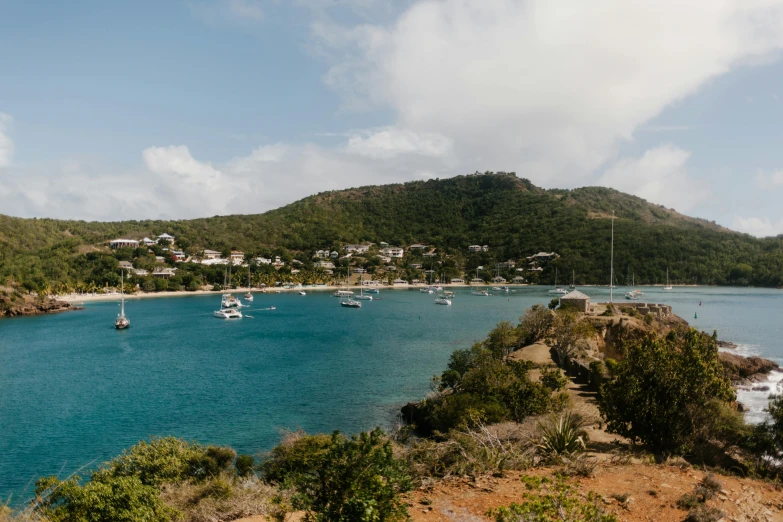 a large body of water next to a lush green hillside, a photo, pexels contest winner, sailboats in the water, caribbean, brown, conde nast traveler photo