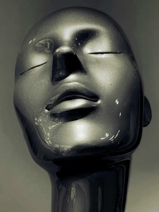 a black and white photo of a mannequin head, inspired by Rudolf Hausner, unsplash, neo-figurative, shiny metallic glossy skin, singularity sculpted �ー etsy, ilustration, glossy lips