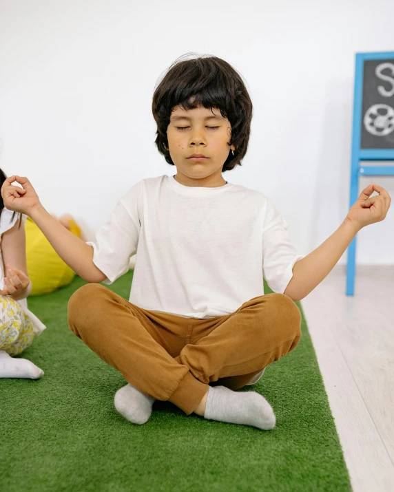 a couple of kids that are sitting in the grass, inspired by Sarah Lucas, trending on pexels, meditating in lotus position, sitting across the room, hero pose, centred in image