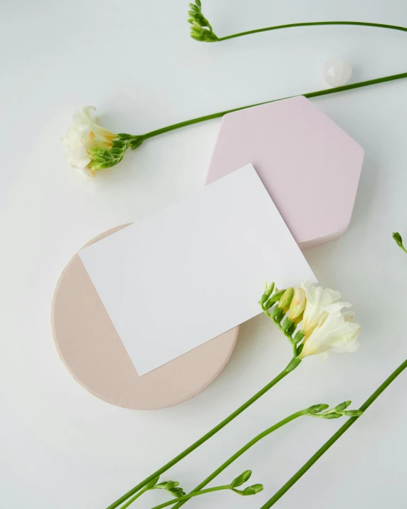 flowers and a blank card on a white surface, inspired by Eden Box, unsplash, hexagonal shaped, pastel pink concrete, pair of keycards on table, made of all white ceramic tiles