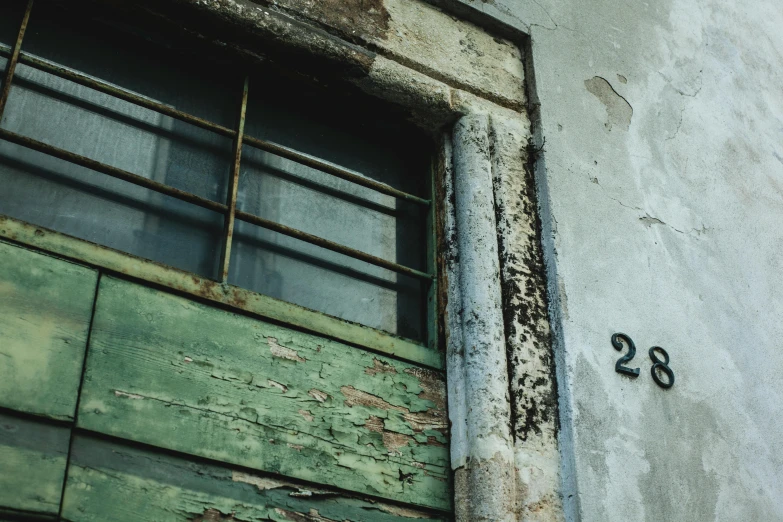 a close up of a window on a building, by Elsa Bleda, pexels contest winner, arte povera, doorway, some grungy markings, 1824, sickly green colors