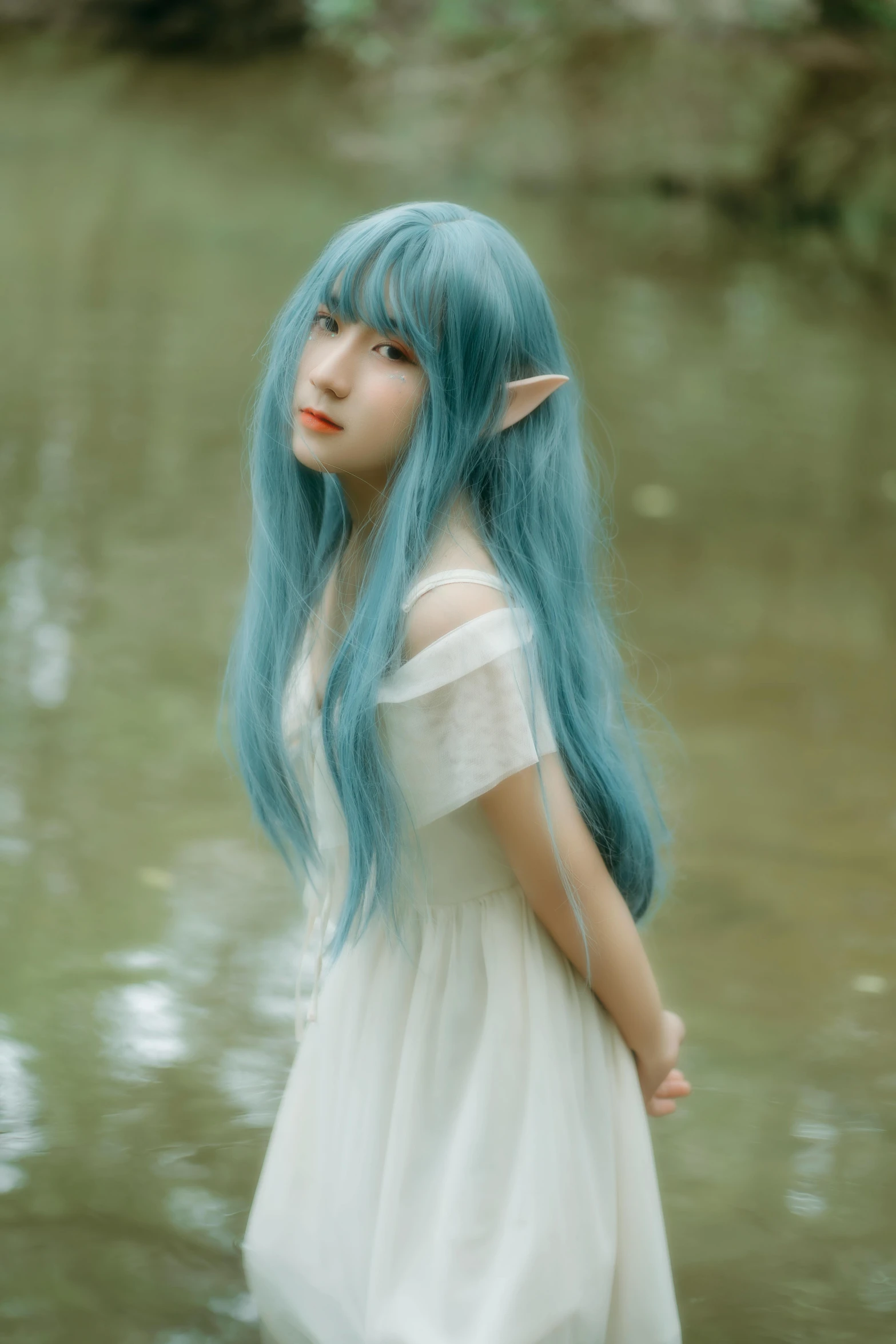 a woman with long blue hair standing next to a body of water, inspired by Rumiko Takahashi, renaissance, elf ears, ulzzang, floating. greenish blue, white hime cut hairstyle