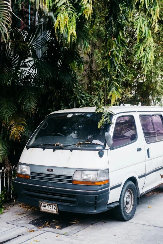 a white van parked on the side of the road, hurufiyya, lush jungle, manly, 90’s vibe, exterior shot