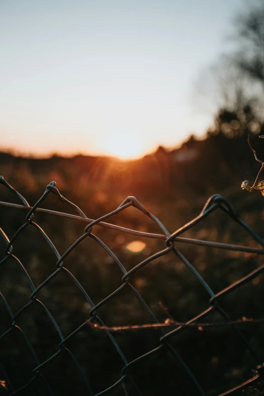 the sun is setting behind a chain link fence, by Niko Henrichon, pexels contest winner, paul barson, golden hour 4k, instagram post, soft light