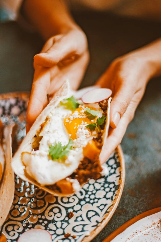 a close up of a plate of food on a table, by Niko Henrichon, taco, a woman holding an orb, hearty breakfast, stockphoto