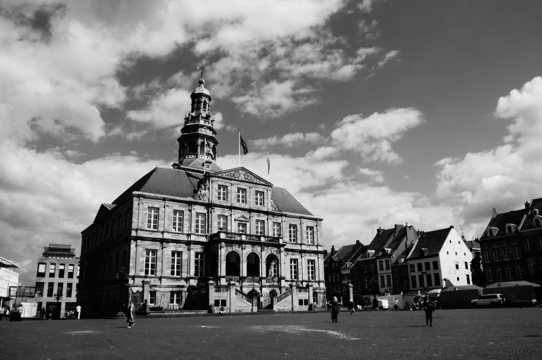 a black and white photo of a building with a clock tower, by Daniel Seghers, pexels contest winner, baroque, eldenring, square, town hall, beautiful castle