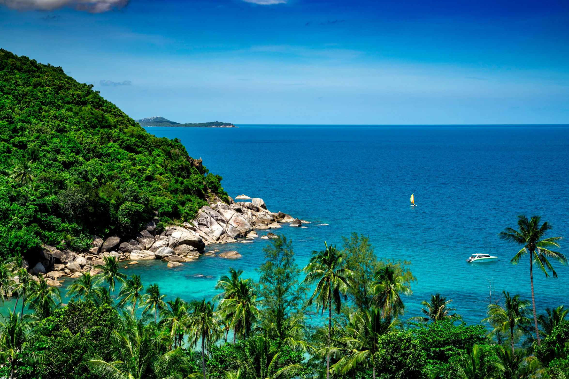 a large body of water surrounded by palm trees, pexels contest winner, thailand, hills and ocean, sea - green and white clothes, thumbnail