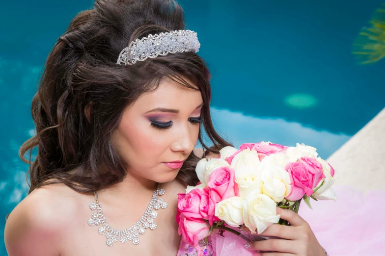 a woman in a wedding dress holding a bouquet of flowers, pink crystal mohawk, isabela moner, head shot, 4 k glamour photography