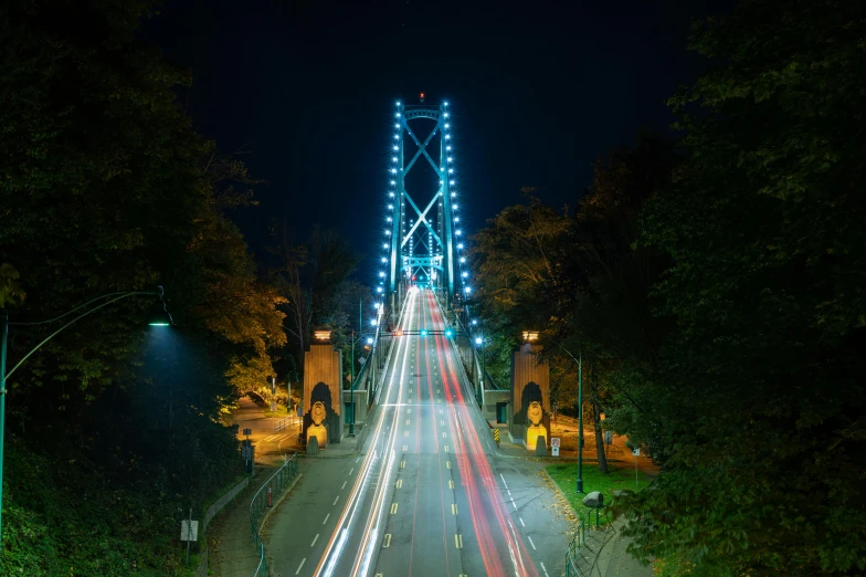 a long exposure photo of a bridge at night, pexels contest winner, british columbia, view from the streets, thumbnail, teal lights