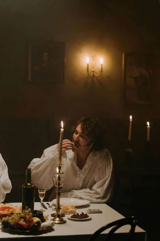 a couple of people that are sitting at a table, a portrait, inspired by Karl Bryullov, pexels, romanticism, still shot from movie, white candles, [ theatrical ], drinking