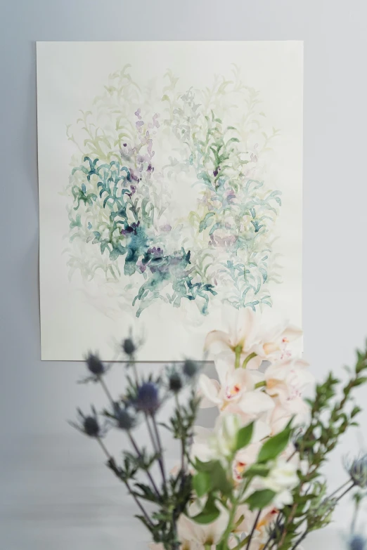 a vase filled with flowers sitting on top of a table, a watercolor painting, visual art, wreath of ferns, nordic pastel colors, on white paper, gallery display photograph