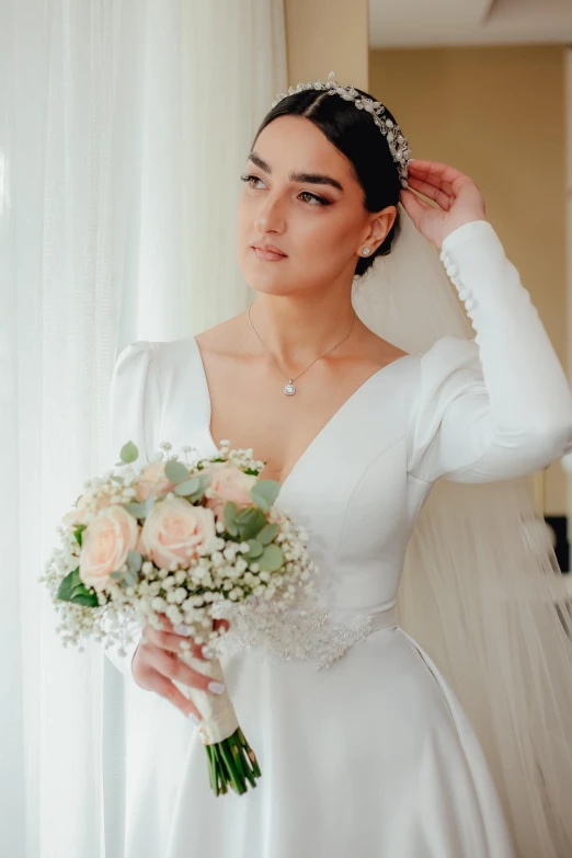 a woman in a wedding dress holding a bouquet, inspired by Arthur Sarkissian, dua lipa, cactus and pearls over the head, robe. perfect faces, commercially ready