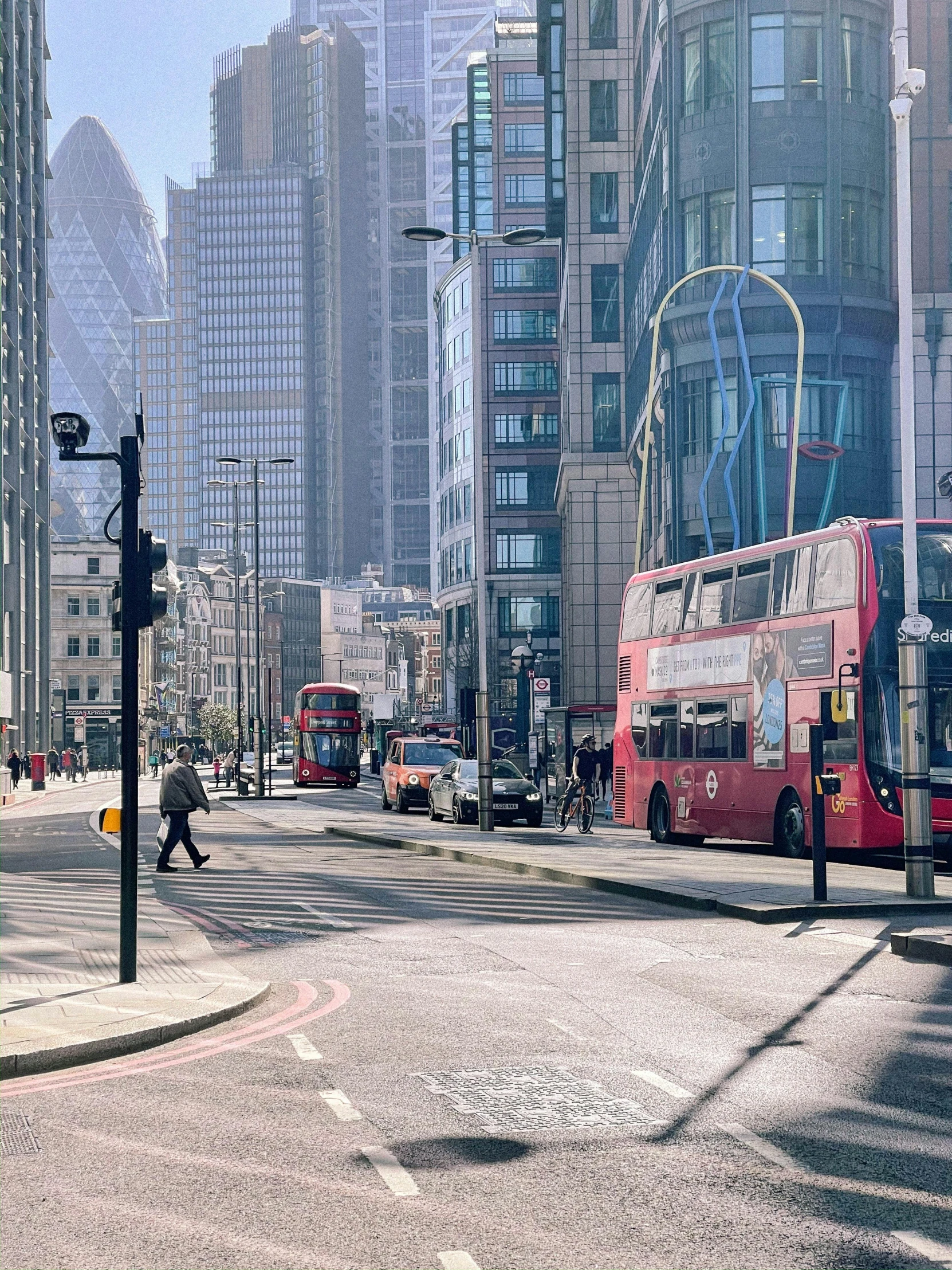 a red double decker bus driving down a city street, a photo, inspired by Thomas Struth, pexels contest winner, 🚿🗝📝, square, canary wharf, grey