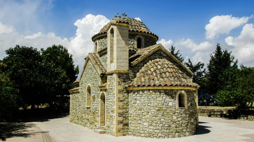 a small stone building with a clock tower, pexels contest winner, romanesque, orthodox mosaic, meni chatzipanagiotou, rounded roof, thumbnail