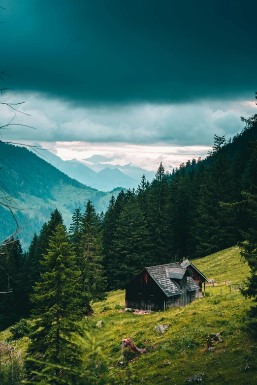 a house sitting on top of a lush green hillside, by Sebastian Spreng, pexels contest winner, dark pine trees, chalet, dark clouds in the distance, overlooking