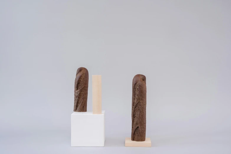 a couple of sticks sitting next to each other, an abstract sculpture, by Isamu Noguchi, new sculpture, baking french baguette, detailed product image, chocolate, standing straight