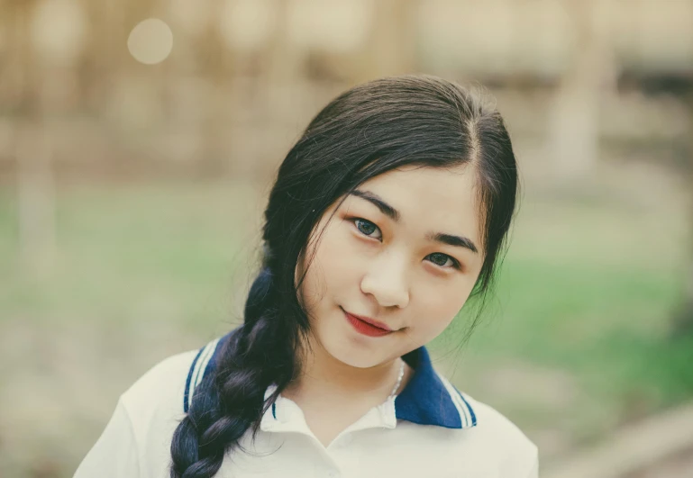 a close up of a person wearing a white shirt, inspired by Ye Xin, pexels contest winner, wearing school uniform, asian beautiful face, ethnicity : japanese, blue