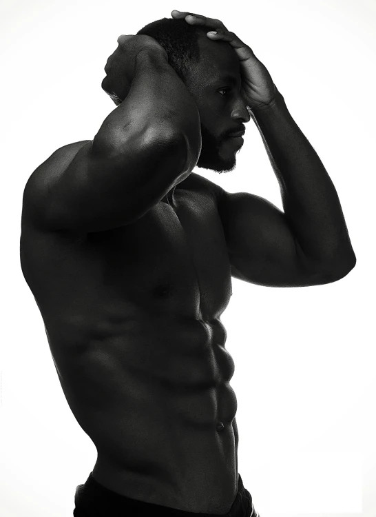 a black and white photo of a shirtless man, pexels contest winner, doomfist from overwatch, profile pic, artstation mans aesthetic, man is with black skin