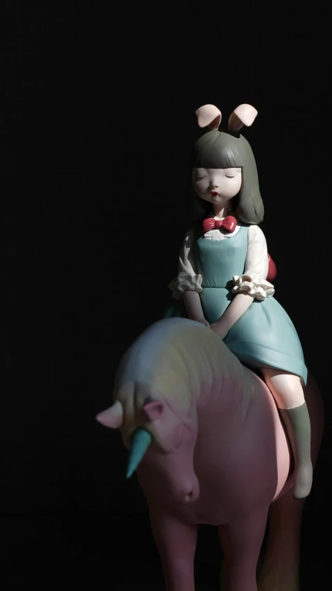 a figurine of a girl riding a horse, a surrealist sculpture, inspired by Hikari Shimoda, trending on polycount, 15081959 21121991 01012000 4k, lofi, concert, grainy