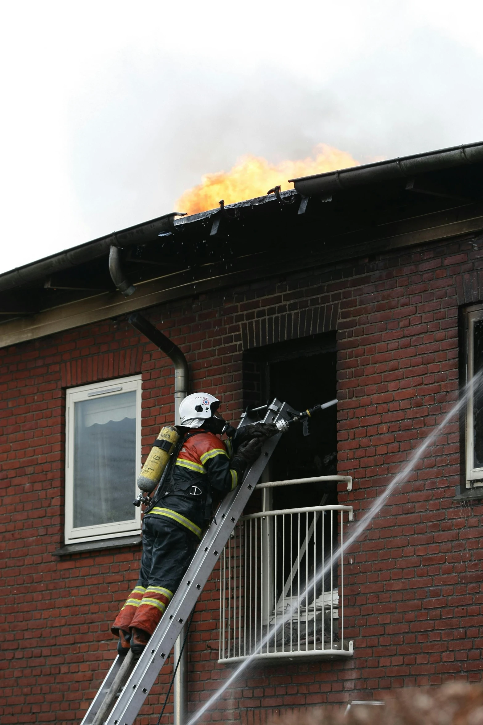 a firefighter on a ladder trying to put out a fire, a photo, by Jan Tengnagel, 15081959 21121991 01012000 4k