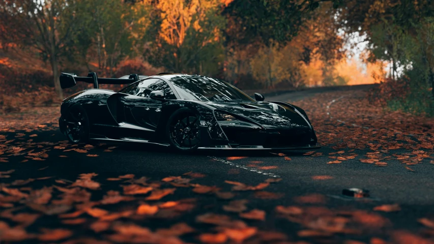 a black sports car parked on the side of a road, a 3D render, inspired by Filip Hodas, pexels contest winner, photorealism, autumnal, mclaren f1, an ultra realistic 8k octa photo, 15081959 21121991 01012000 4k
