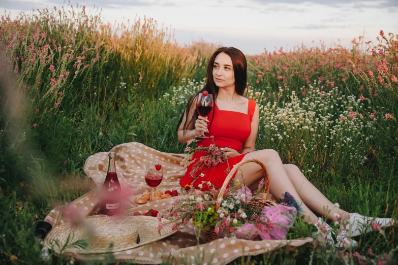 a woman in a red dress sitting in a field, pexels contest winner, with a bottle of wine, anastasia ovchinnikova, people on a picnic, with flowers