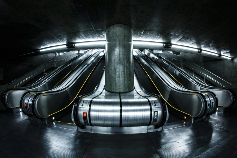 an empty escalator in a subway station, by Adam Szentpétery, unsplash contest winner, hyperrealism, conveyor belts, panoramic photography, elevator doors look like a mouth, thumbnail