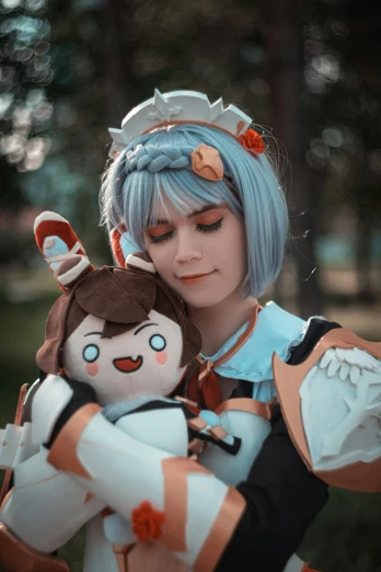 a woman with blue hair holding a stuffed animal, a character portrait, by Kanbun Master, orange halo around her head, trending photo, square, 2263539546]