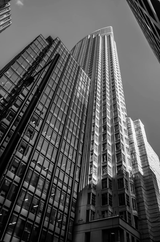 black and white photograph of skyscrapers in new york city, inspired by Peter Basch, unsplash contest winner, full of glass. cgsociety, square lines, soft colors mono chromatic, buildings photorealism