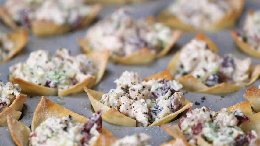 a close up of a tray of food on a table, square, recipe, chicken, folds