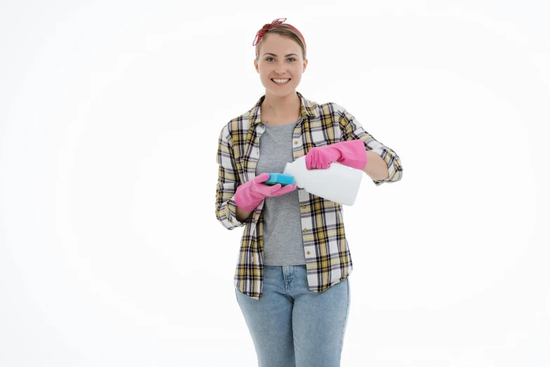 a woman in a plaid shirt and pink gloves holding a spray bottle, 4074294527, cleaned up, marketing photo, clean image