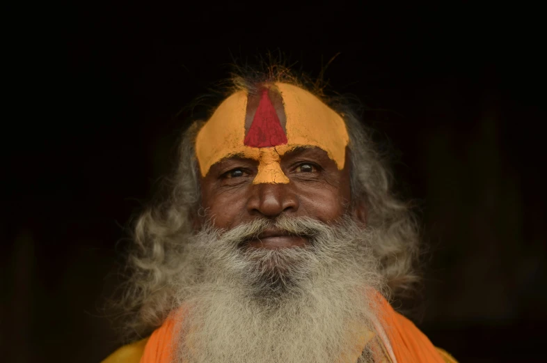 a close up of a person with a beard, pexels contest winner, bengal school of art, orange and yellow costume, nepal, avatar image, full white beard