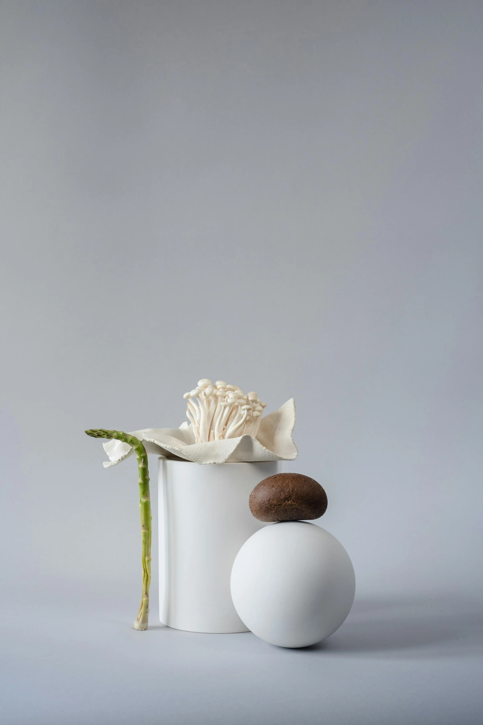 a white vase sitting on top of a table, a still life, by Mei Qing, minimalism, mushroom, snacks, high detailed), white flower