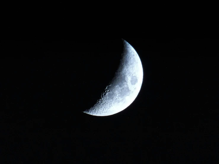 the moon is lit up in the dark sky, an album cover, by Niko Henrichon, flickr, crescent moon, sickle, zoomed out, ☁🌪🌙👩🏾