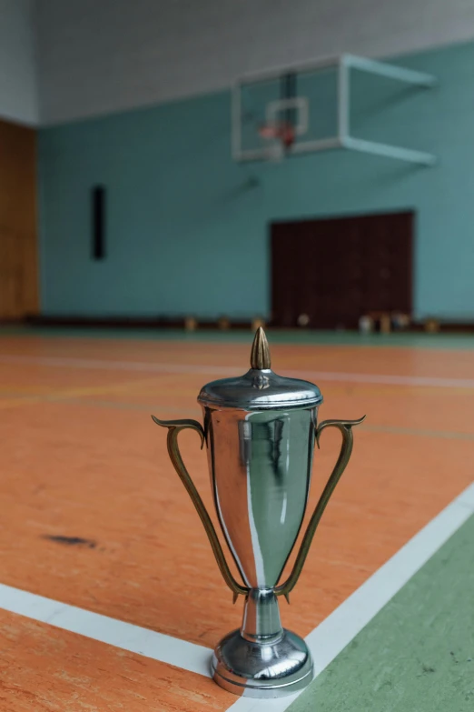 a silver trophy sitting on top of a tennis court, dribble contest winner, ashcan school, lpoty, local gym, big hall, no logo