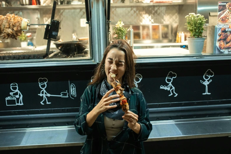 a woman eating a piece of pizza in front of a window, pexels contest winner, graffiti, ornate korean polearm behind her, serving fries, avatar image, kombi