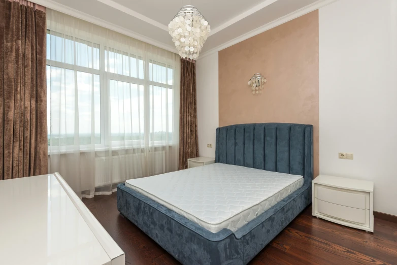 a bed sitting in a bedroom next to a window, a portrait, by Alexander Fedosav, shutterstock, superflat, located in hajibektash complex, 2 5 6 x 2 5 6, white ceiling, beige