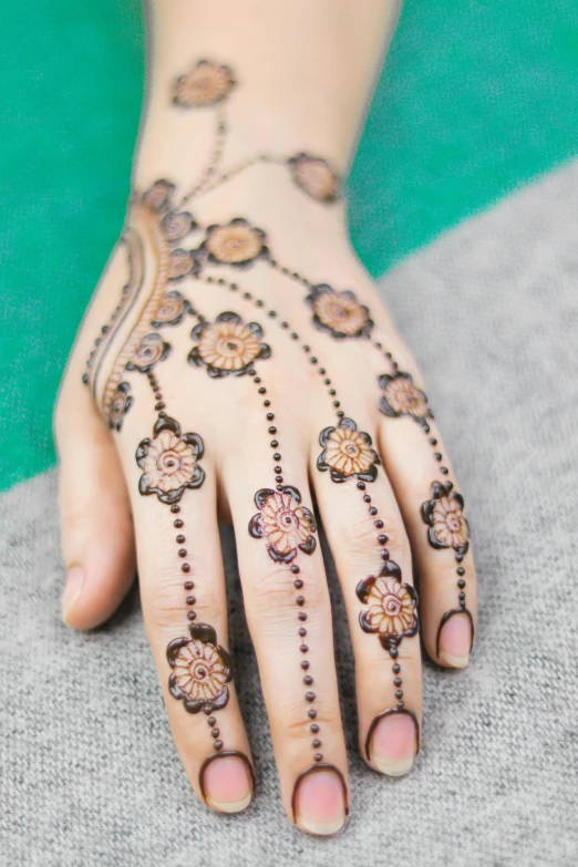 a woman's hand with henna tattoos on it, a tattoo, inspired by Ambreen Butt, trending on pexels, arabesque, brown flowers, dynamic linework, glitter accents on figure, pastel'