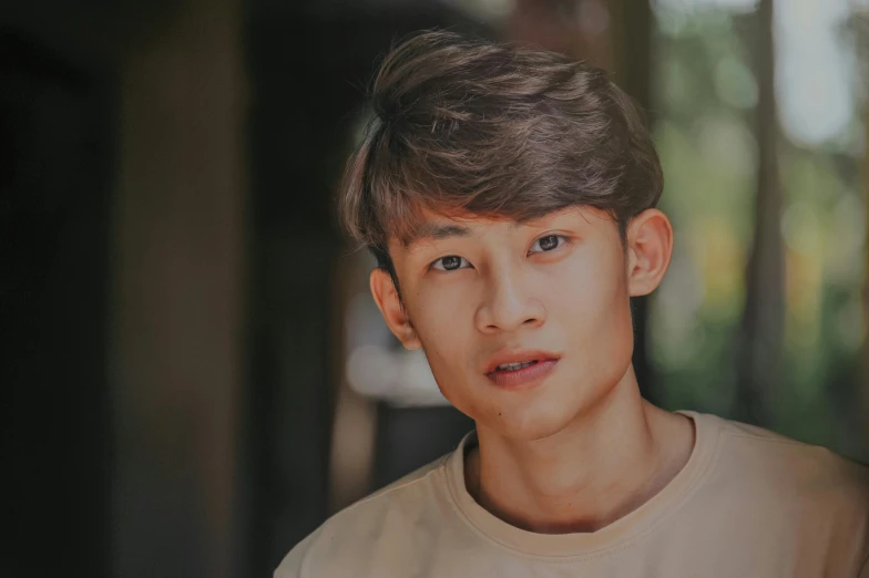 a close up of a person wearing a t - shirt, inspired by Zhou Chen, pexels contest winner, photorealism, light brown neat hair, handsome attractive face, south east asian with long, male teenager