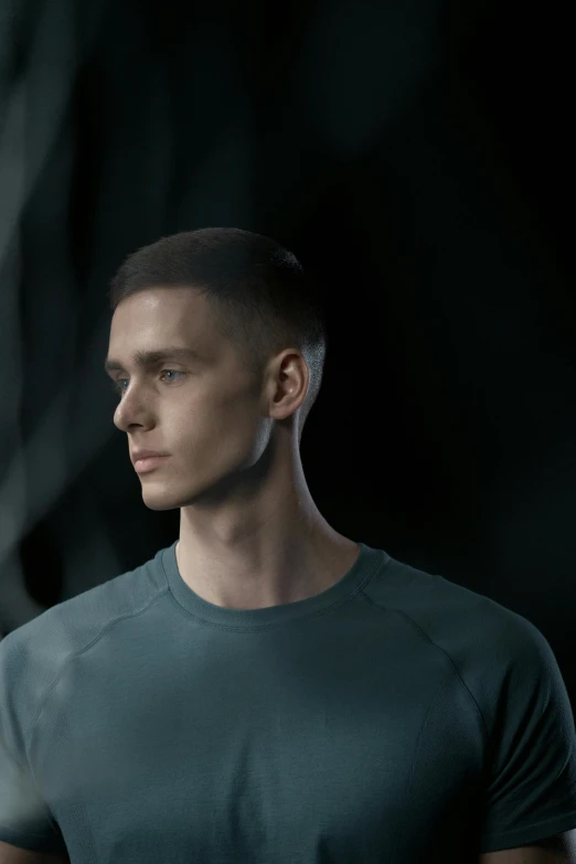 a man standing in front of a black background, inspired by Jakub Husnik, hyperrealism, crew cut, wearing futuristic, muted colors. ue 5, thin young male
