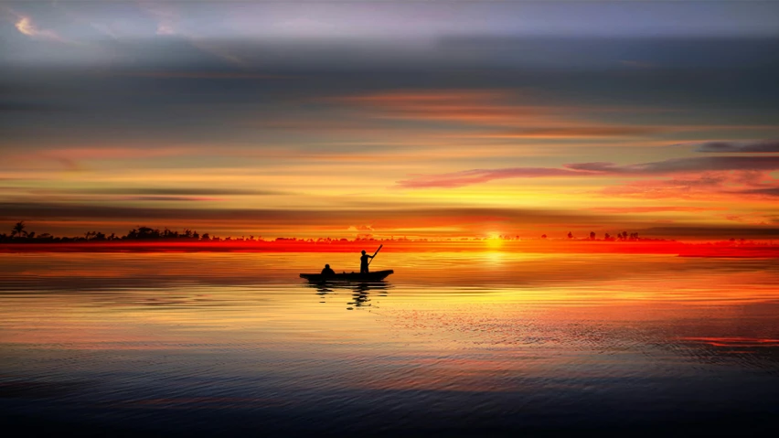 a person in a small boat on a body of water, a picture, inspired by Igor Zenin, pixabay contest winner, sunrise colors, instagram post, canoe, horizon