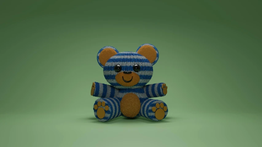 a close up of a stuffed animal on a green background, a 3D render, inspired by Kubisi art, trending on polycount, process art, in-game 3d model, blue realistic 3 d render, cel-shading style, made of beads and yarn
