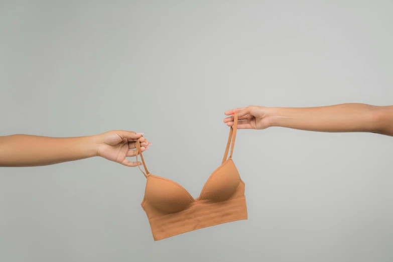 a woman's hand holding a bra in front of another woman's hand, trending on pexels, plasticien, light brown, full body image, line sleek, brown:-2