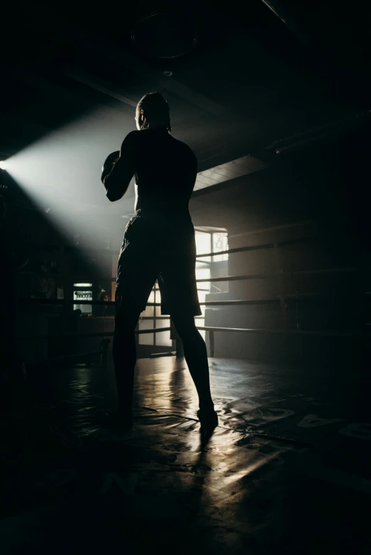 a man standing in the middle of a boxing ring, pexels contest winner, light and space, back lit, silhouetted, facing away from camera, operation