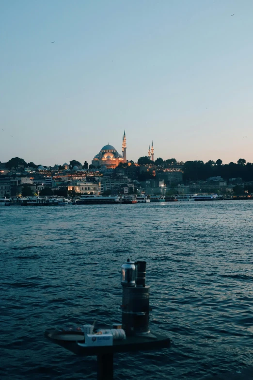 a body of water with a city in the background, by Niyazi Selimoglu, with beautiful mosques, filtered evening light, harbour, leica s photograph