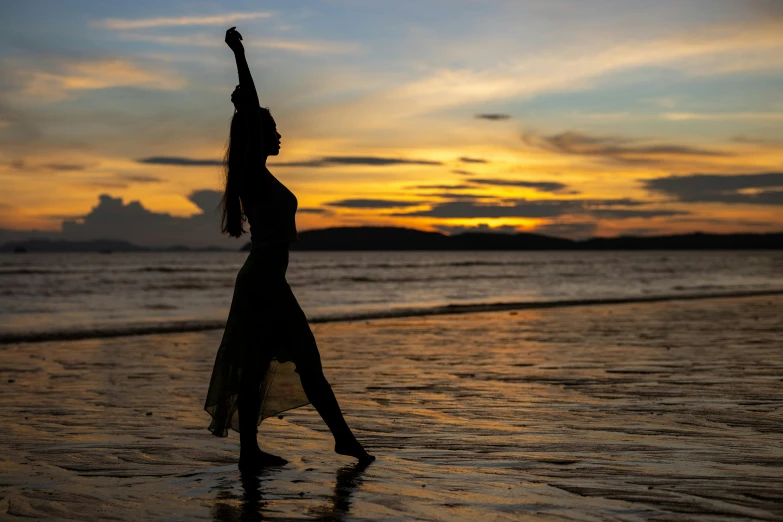 a woman standing on top of a beach next to the ocean, inspired by Pierre Puvis de Chavannes, pexels contest winner, arabesque, gracefully belly dancing pose, avatar image, silhouette, abel tasman