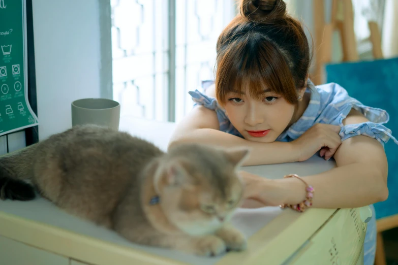 a woman laying on top of a desk next to a cat, trending on pexels, realism, young adorable korean face, 奈良美智, calmly conversing 8k, sideways glance