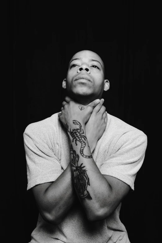 a black and white photo of a man with tattoos, an album cover, by Charles Martin, realism, young prince, dr dre, hyperdetailed!!, (beautiful) girl