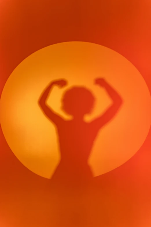 a silhouette of a woman standing in front of a sun, inspired by Carrie Mae Weems, figuration libre, with arms up, round-cropped, light red and orange mood, disco pictoplasma